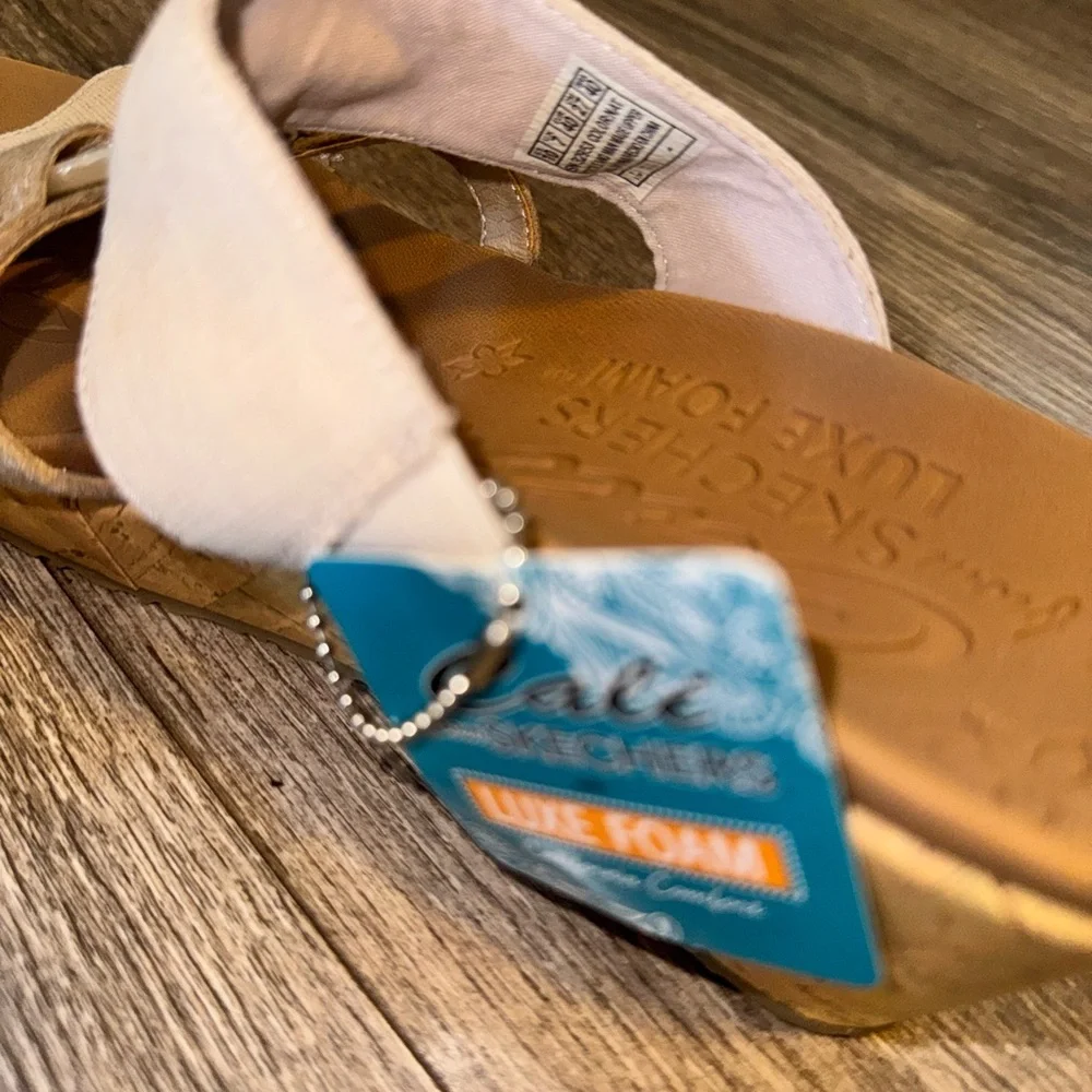Skechers Neutral Beige and Tan Slide Foam Sandals with Decorative Ring